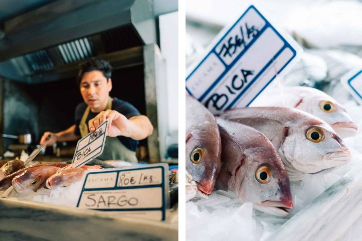 Como na praça, o peixe está numa banca, pronto para ser escolhido