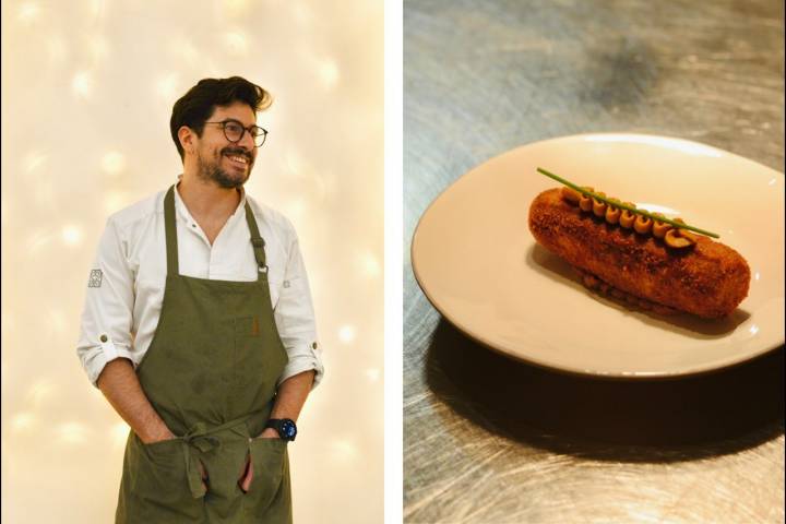 Ruben Trindade Santos está à frente da cozinha. À direita, croquete de cabrito e mostarda de cenoura