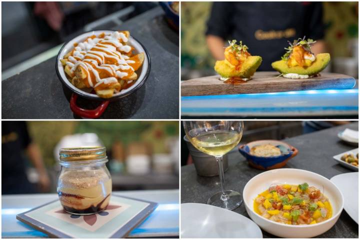 Patatas bravas, aguacate frito con salsa 'pad thai', tarta de queso y ceviche de dorada con gambones, leche de tigre de la fruta de la pasión y mango.