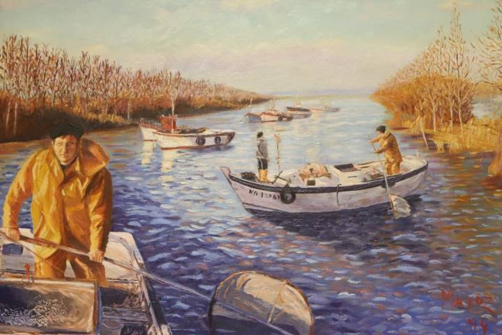 Una pintura en 'Angulas Mayoz' homenajea la pesca de angulas.
