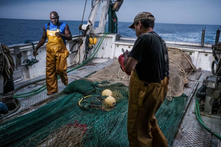 Los pescadores se preparan para lanzar las redes al mar.