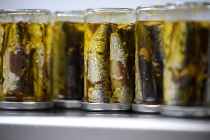 Botes de cristal de sardinas en aceite.