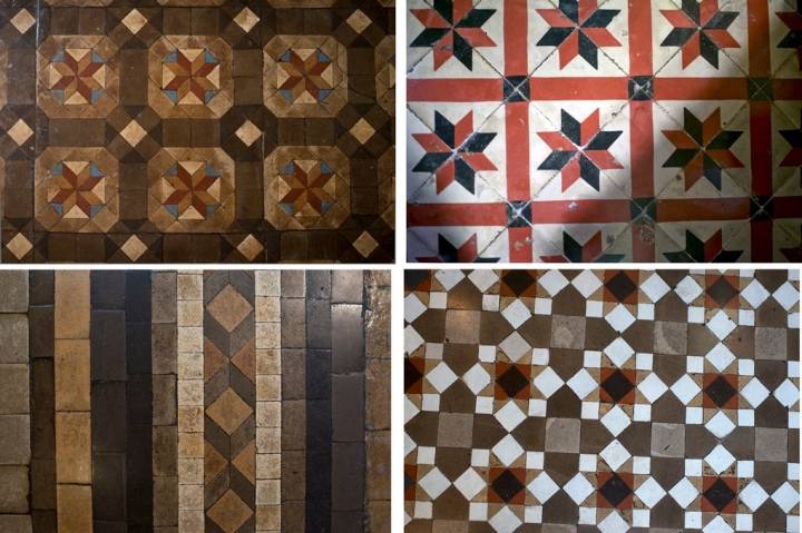 Collage de azulejos hidraúlicos originales que cubren los suelos de 'El cenador de Amós'.