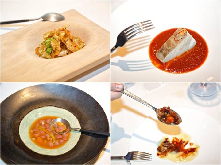 Restaurante 'El Portal de Echaurren'. Platos del menú 'Tierra': Parfait de higaditos de pollo, lomo de bacalao, alubias rojas y morros glaseados