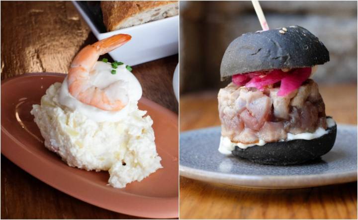 'Lambuzo': la ensaladilla de langostino, con patata baby, y la hamburguesa de atún en pan de tinta de calamar.