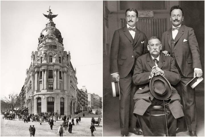Edificio de La Unión y el Fénix en la esquina de Alcalá y Gran Vía. Christian Franzen (1910) y Galdós junto con los hermanos Alvárez Quintero en 1916.