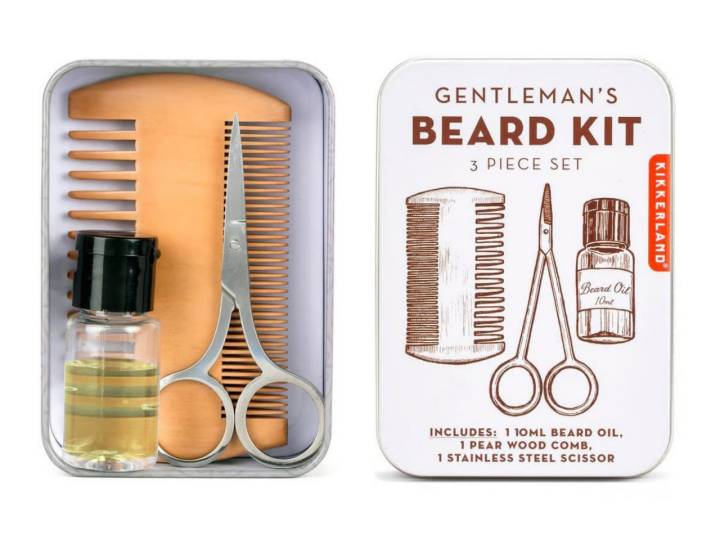 Kit de viaje para el cuidado de la barba, con tijera, aceite y un peine.