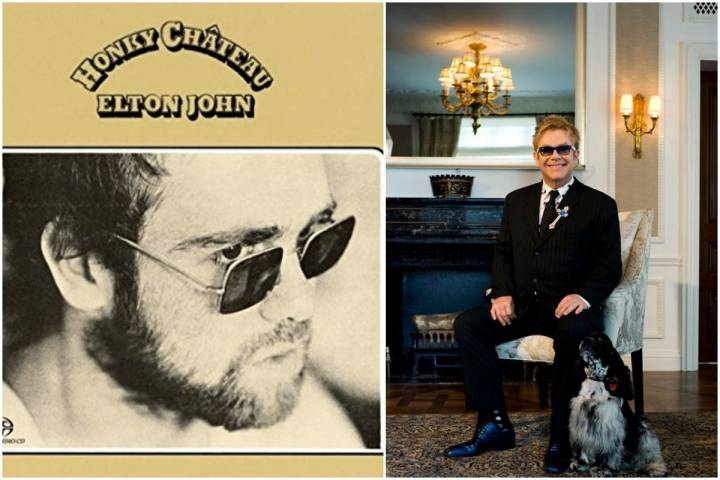 Elton John en la portada de su disco, de 1972, y Sir Elton, hoy en día. Fotos: Facebook.
