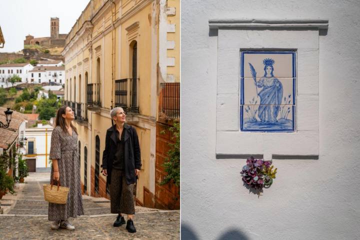 Paseo por las calles de Almonaster la Real y detalle de un azulejo en una de las plazas.