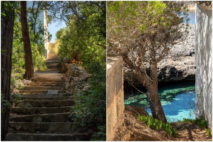 La escalinata de piedra que lleva a la cala