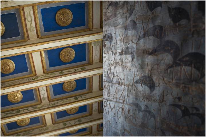 Techo de habitaciones de Carlos V e Irving.Durante siglos, las pintadas sobre el peinador de la Reina, joya del Renacimiento, fueron un dolor.