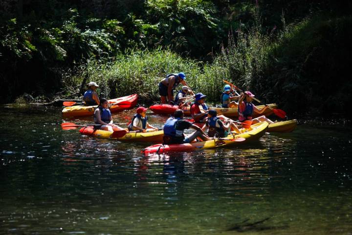 Grupo con kayaks en un punto del río Miño.